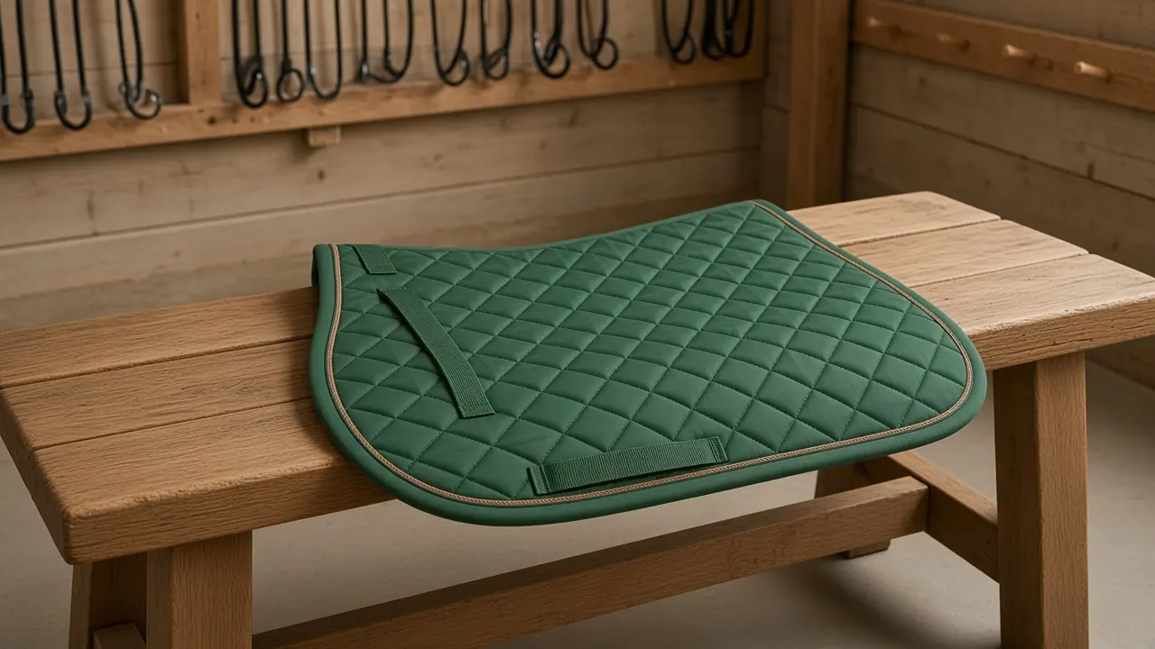 Forest quilted saddle pad laid on a tack-room bench