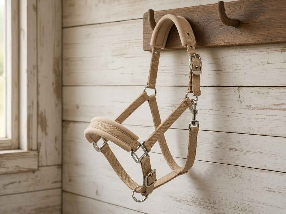 Oat webbing halter hanging on a wooden peg