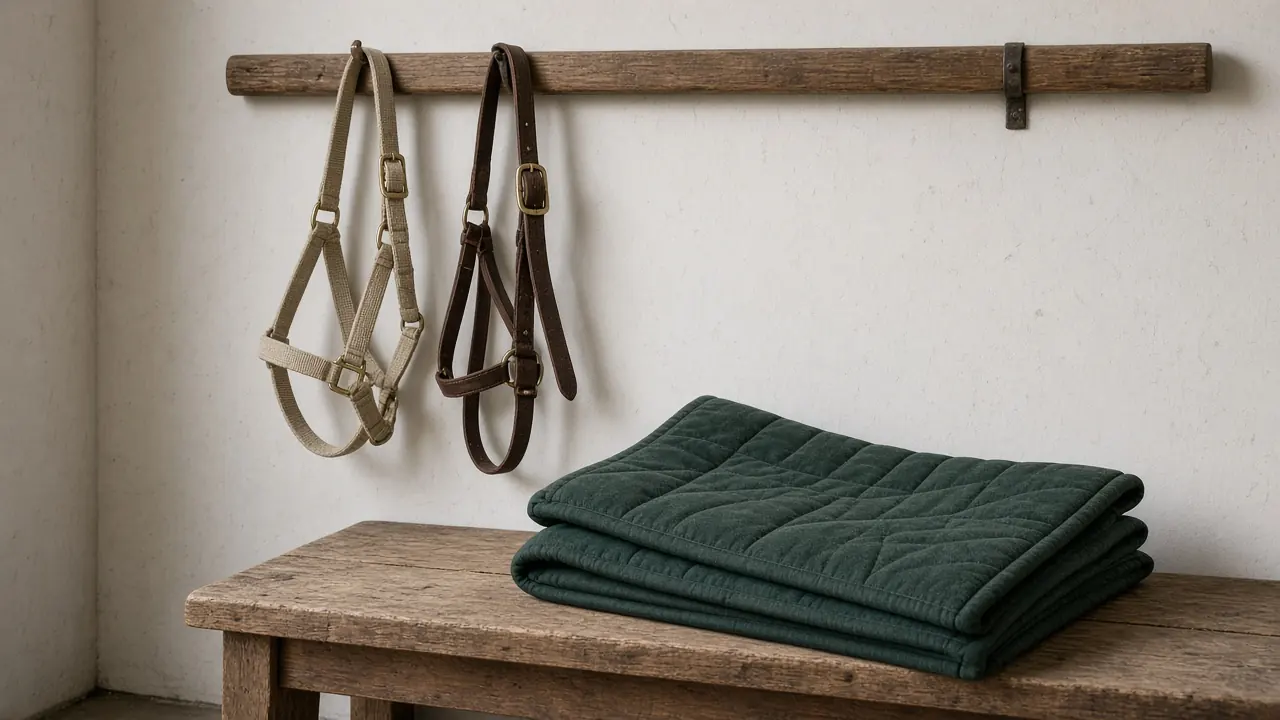 Halters and a folded saddle pad on a wooden rail